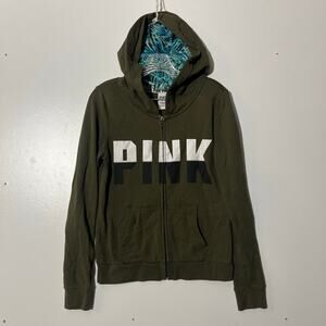 PINK Victorias Secret Green Long Sleeved Full Zip‎ Womens Sweater Size Medium